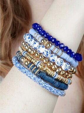 Stackable Blue & Gold Beaded Bracelet Set - Women Jewelry
